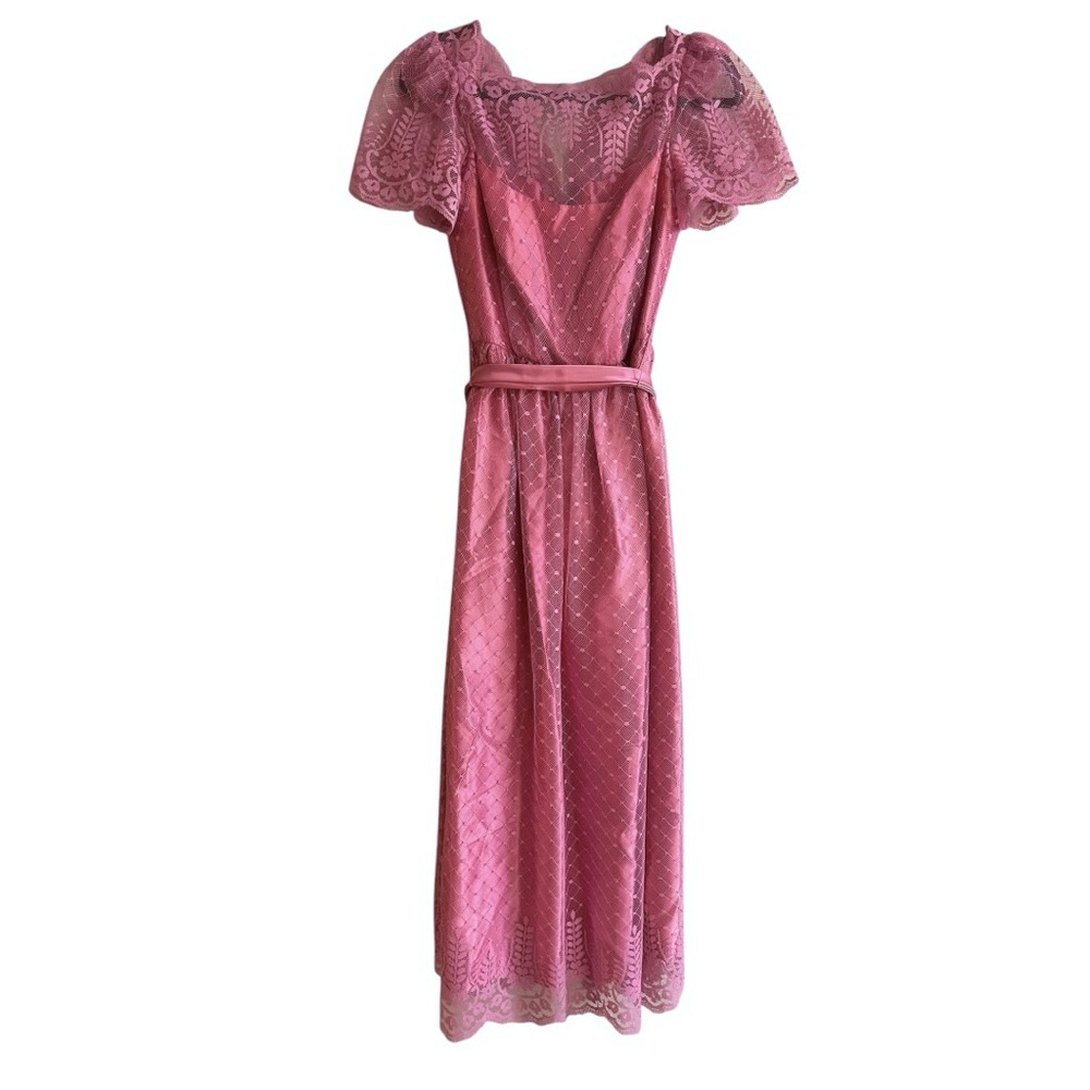 Vintage 70s 80s lace bridesmaids dress pink mauve Size XS/S